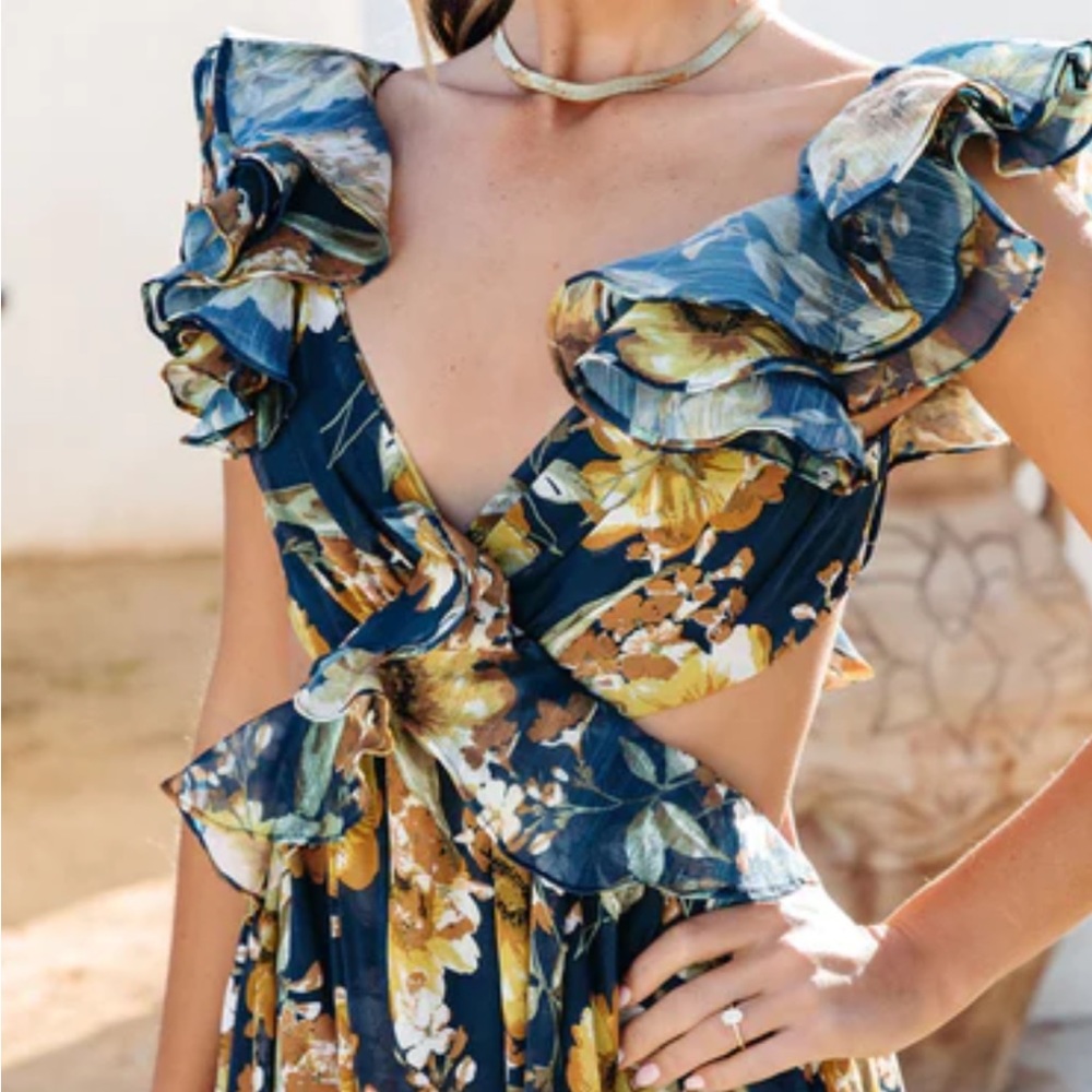 Encanto Floral Ruffle Maxi Dress - Navy Multi / XL